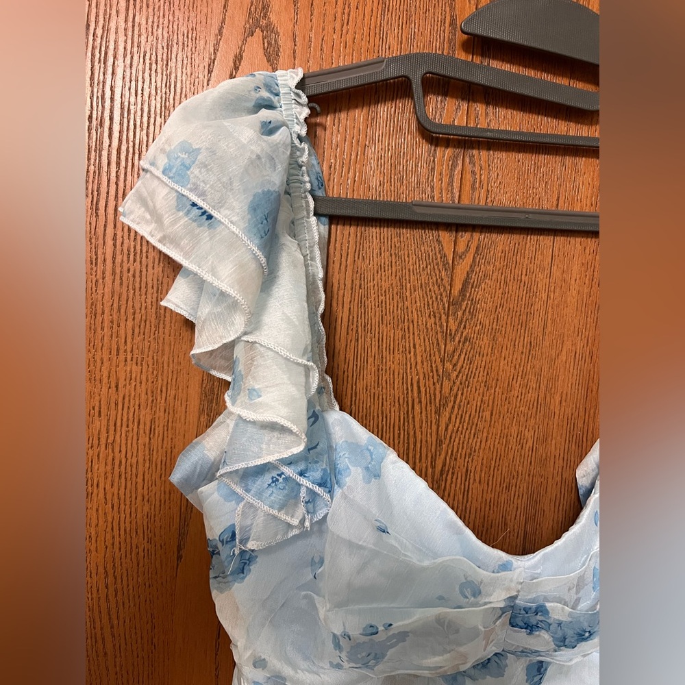 NWT Light Blue Lulus Loveliest Darling Dress XL Floral Ruffled Tie-Back Midi - Picture 11 of 16